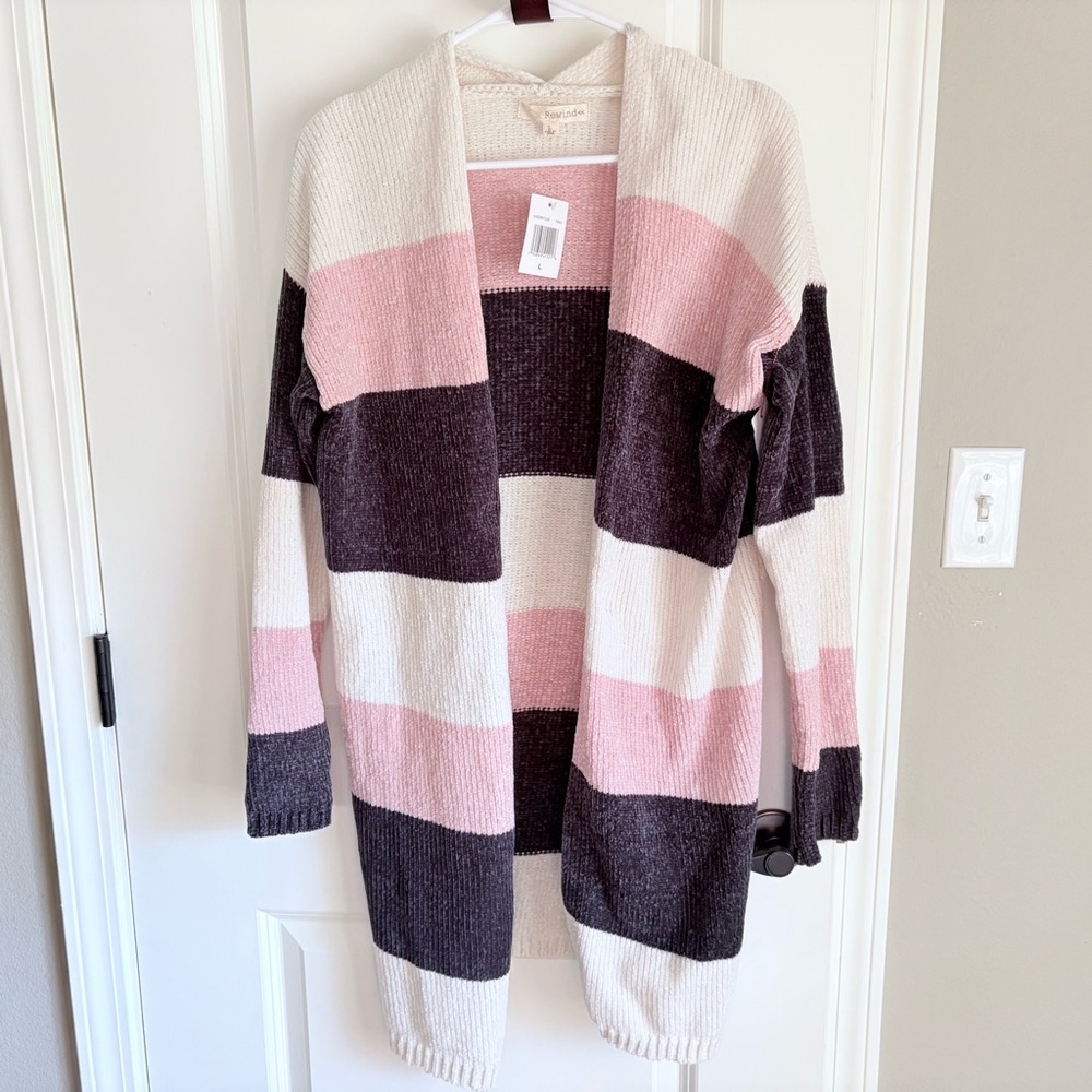 Rewind pink, gray and cream color block, Chenille Cardigan